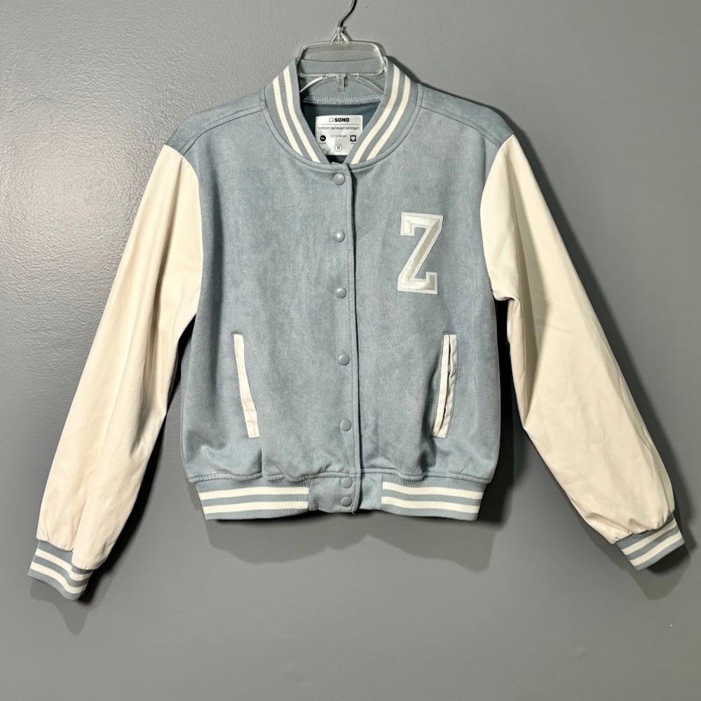 Ci Sono Varsity Bomber Jacket Womens M Blue Faux Suede Leather Patch Preppy Chic